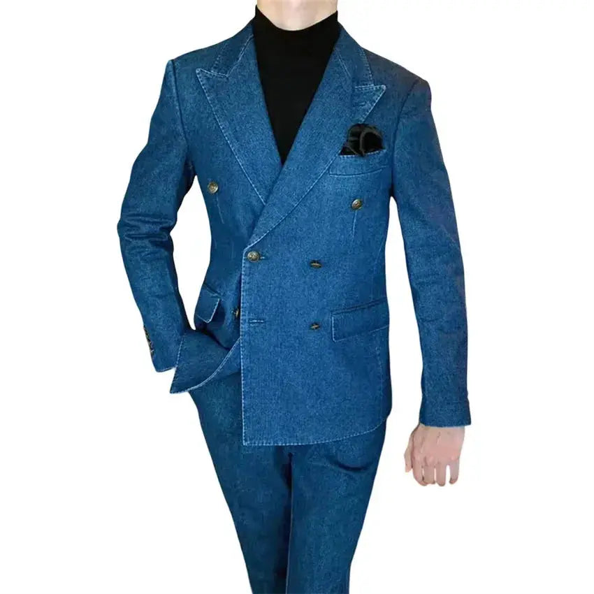 Back view of the sleek denim suit, illustrating the comfortable fit and durable fabric for all-day wear.