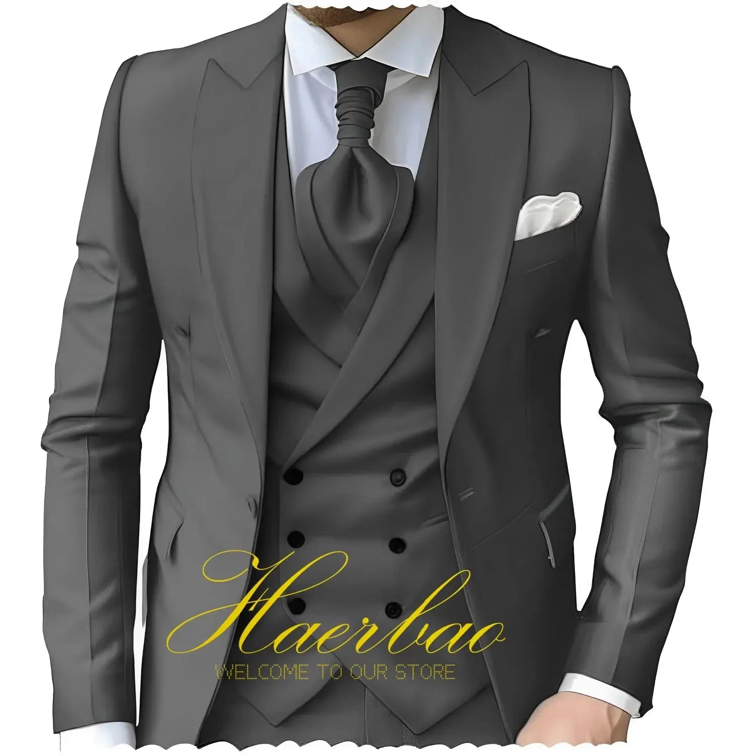 Close-up of peak lapel detailing on a tailored navy three-piece suit.