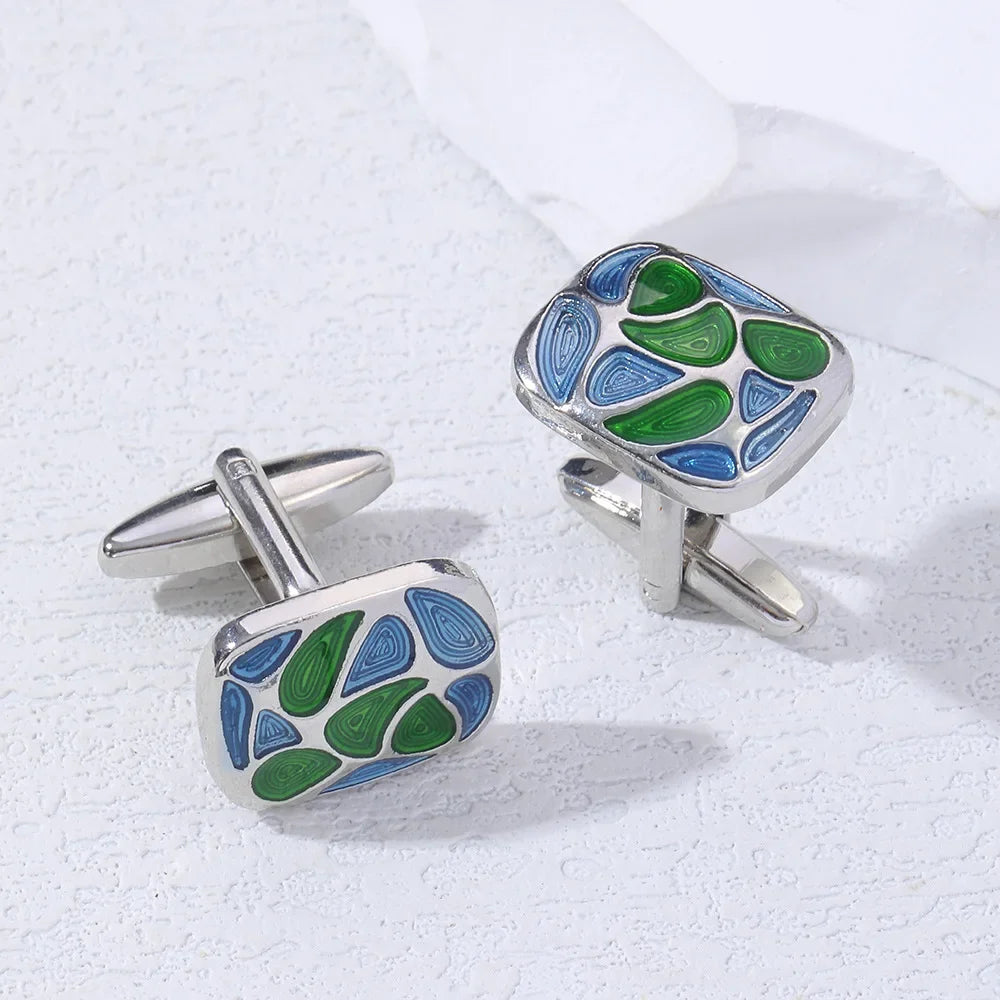 French square striped cufflinks in silver and blue enamel, perfect for formal wear.
