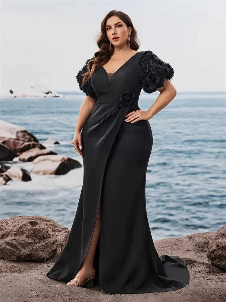 Model wearing the Midnight Cascade dress, featuring a V-neck design and integrated bra for seamless support.