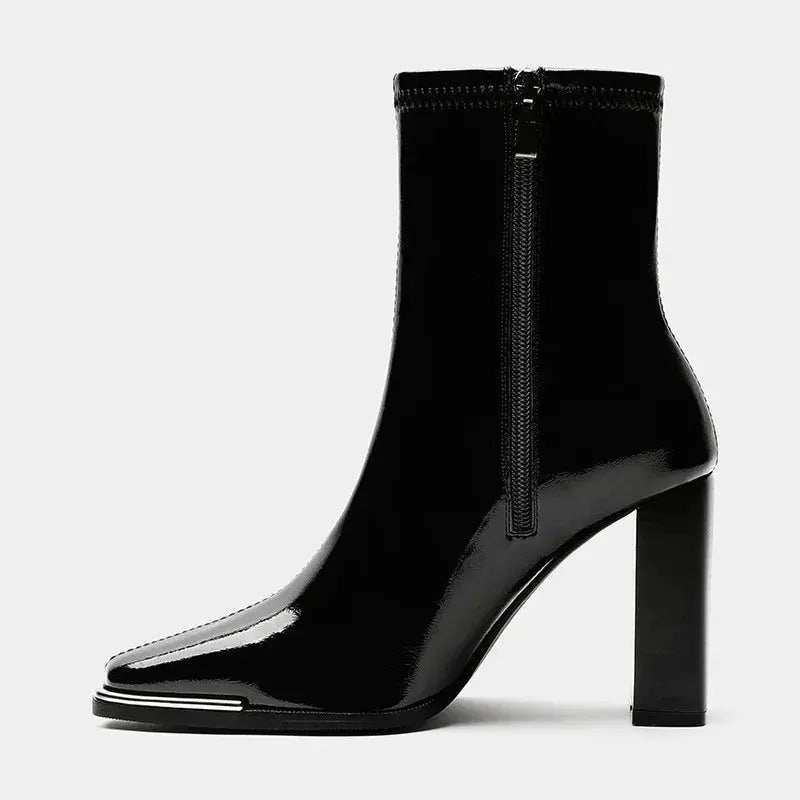 Midnight Whisper Boots in shiny black PU leather with thick heels for stable elegance.