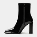 Midnight Whisper Boots in shiny black PU leather with thick heels for stable elegance.