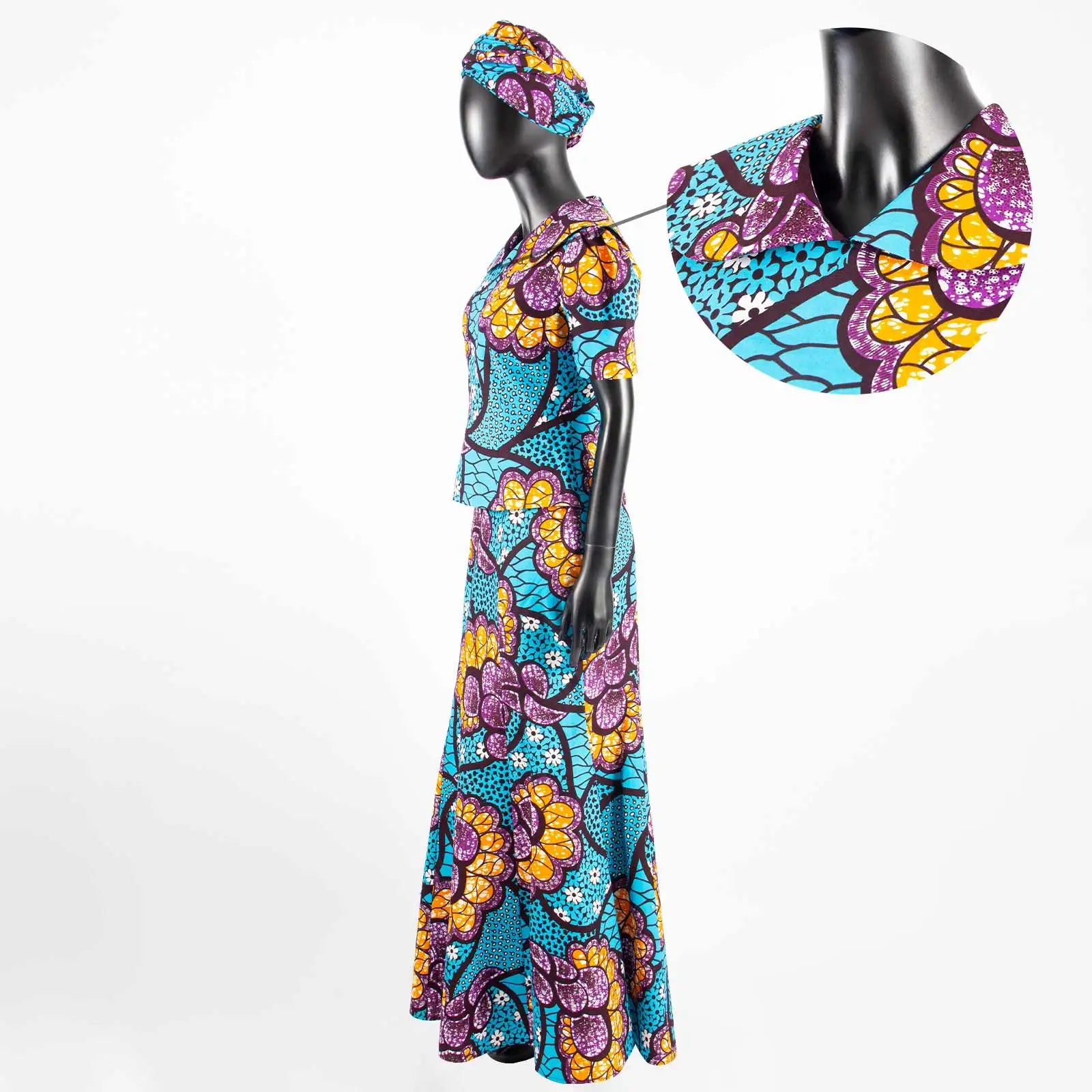 African Women Ankara Print Doll Collar Top, Skirt & Headscarf 3-Piece Set