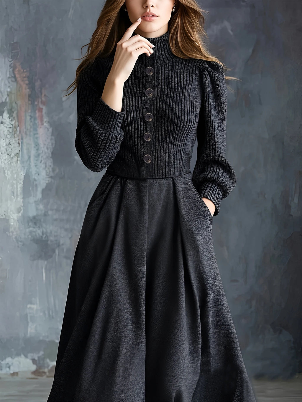 Close-up of Black Knit Maxi Dress showcasing soft, stretchable fabric and bespoke button details.