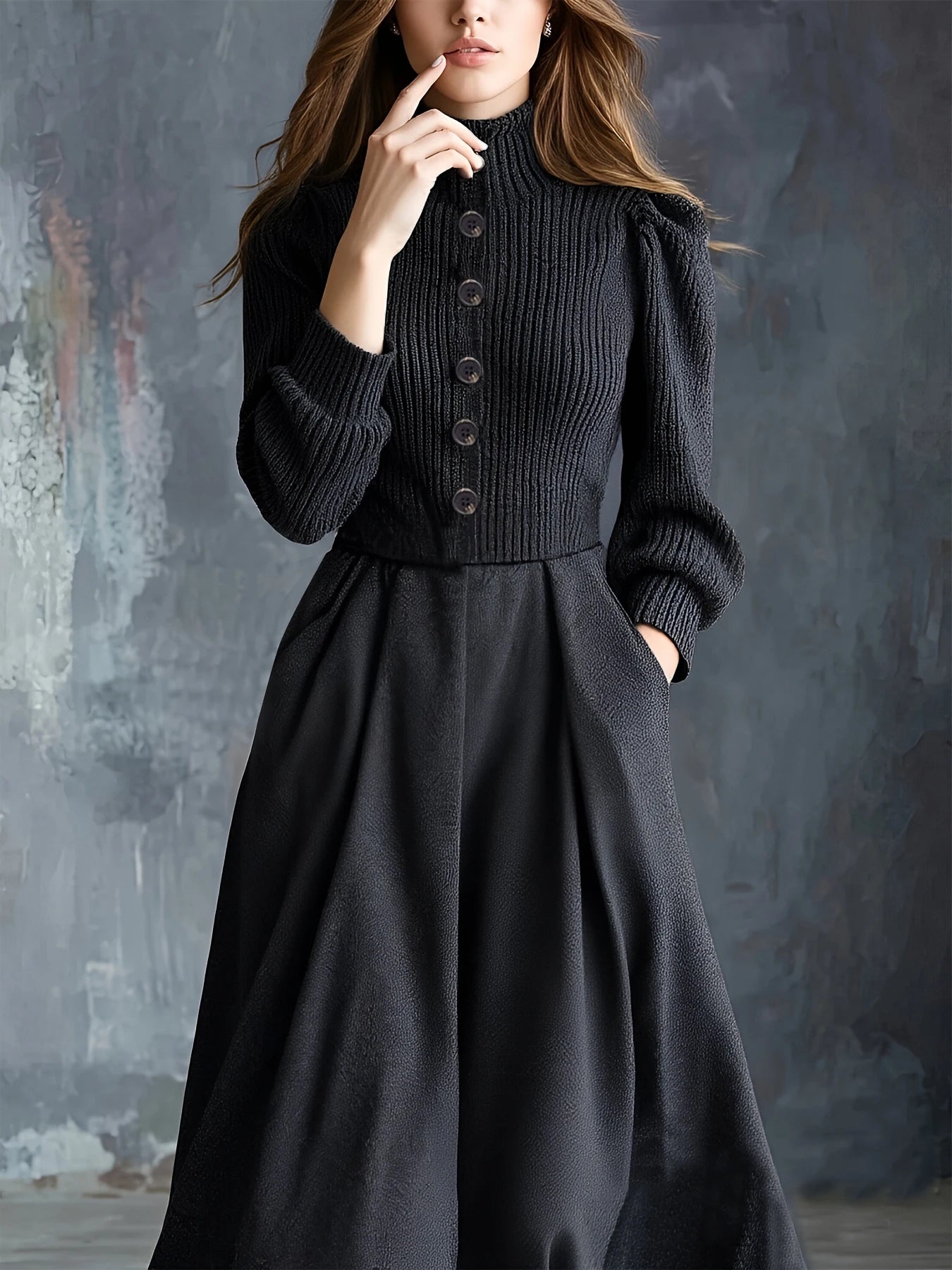 Close-up of Black Knit Maxi Dress showcasing soft, stretchable fabric and bespoke button details.