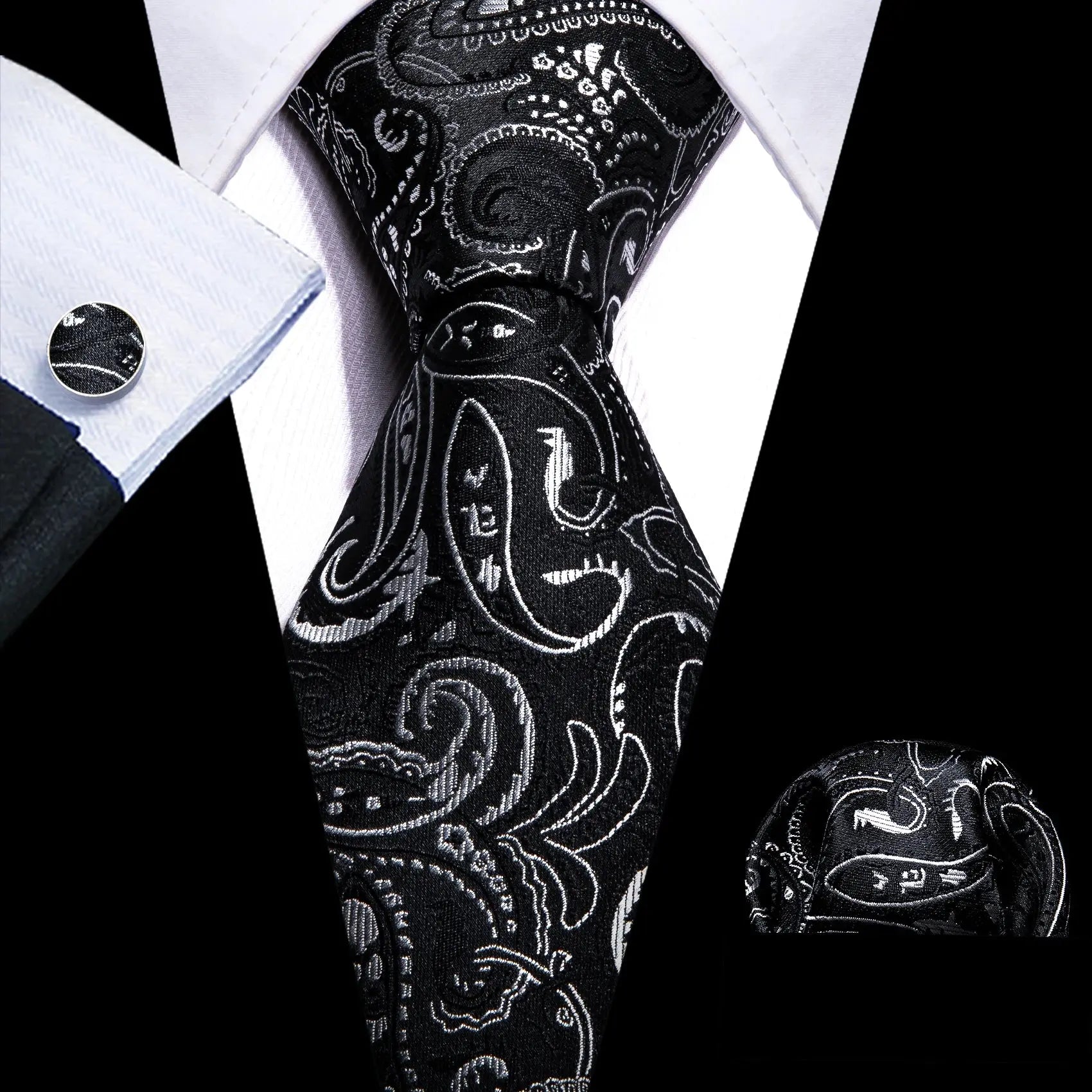 High-quality black silk tie with handkerchief and cufflinks
