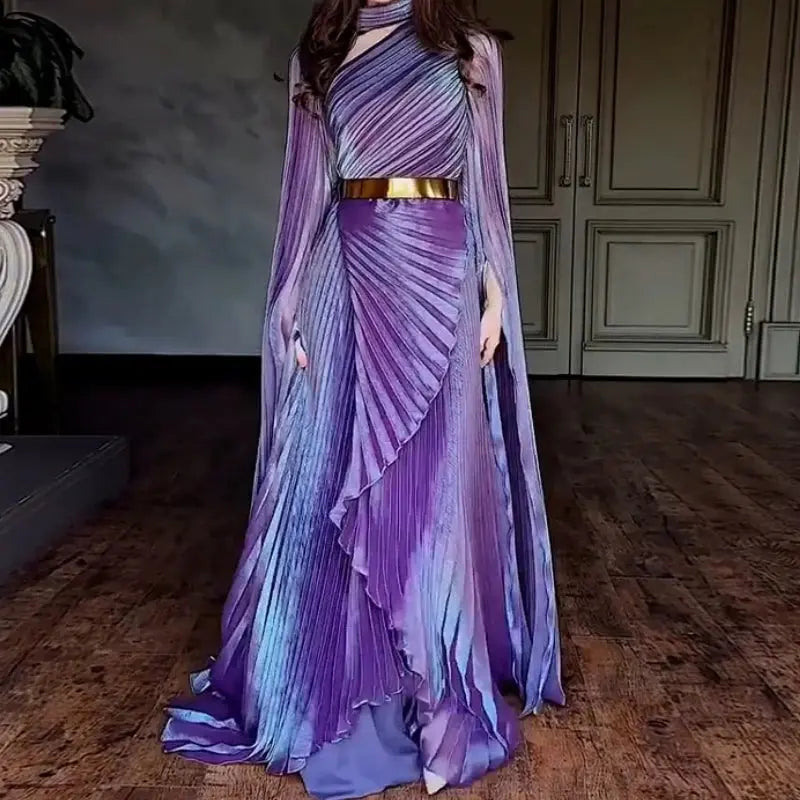 Twilight Cascade gown in deep navy with elegant batwing sleeves and A-line silhouette.