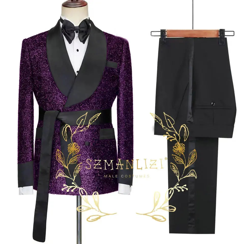 Full-length view of model in black tuxedo at a wedding reception.