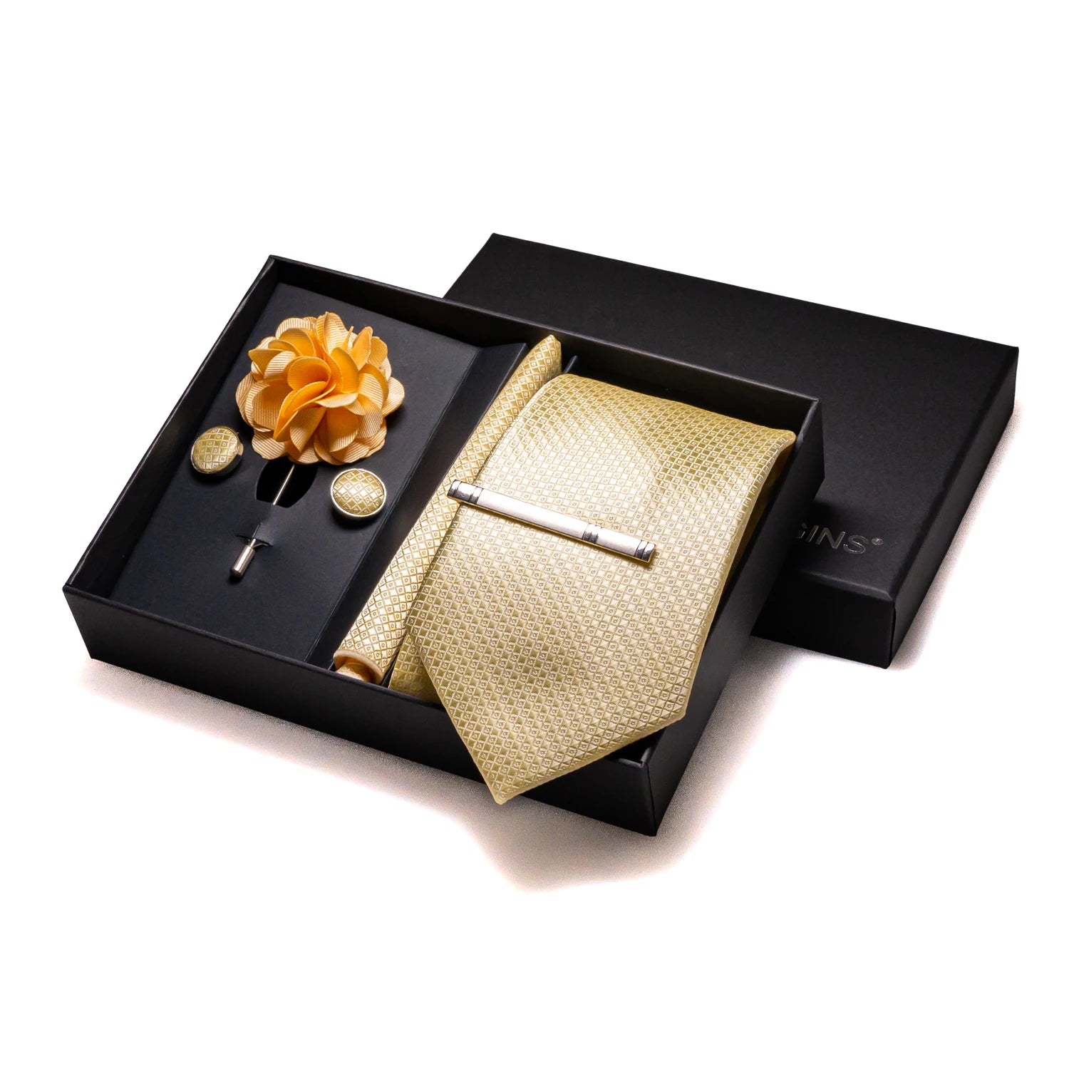 Elegant silk necktie set with tatting weave pattern in gold and champagne colors