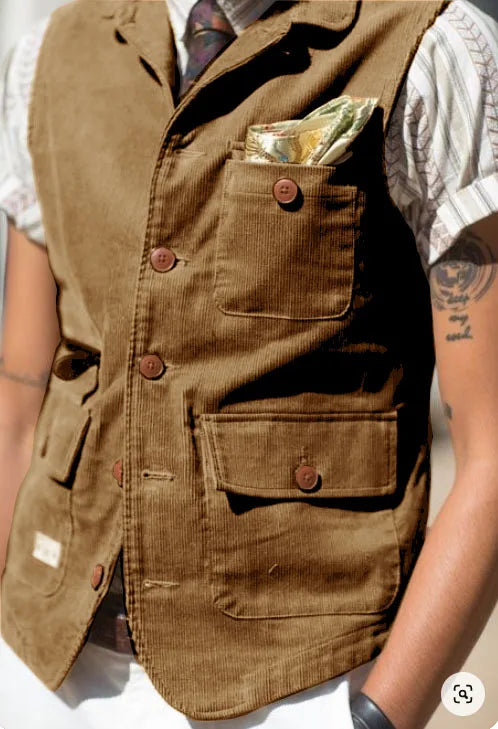 Detail shot of the buttons on the single-breasted corduroy vest.