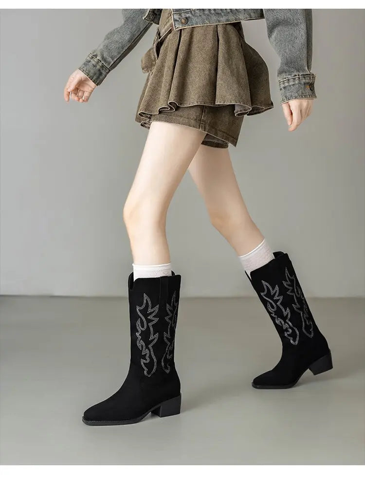 Side profile of knee-high boots featuring intricate Western embroidery work