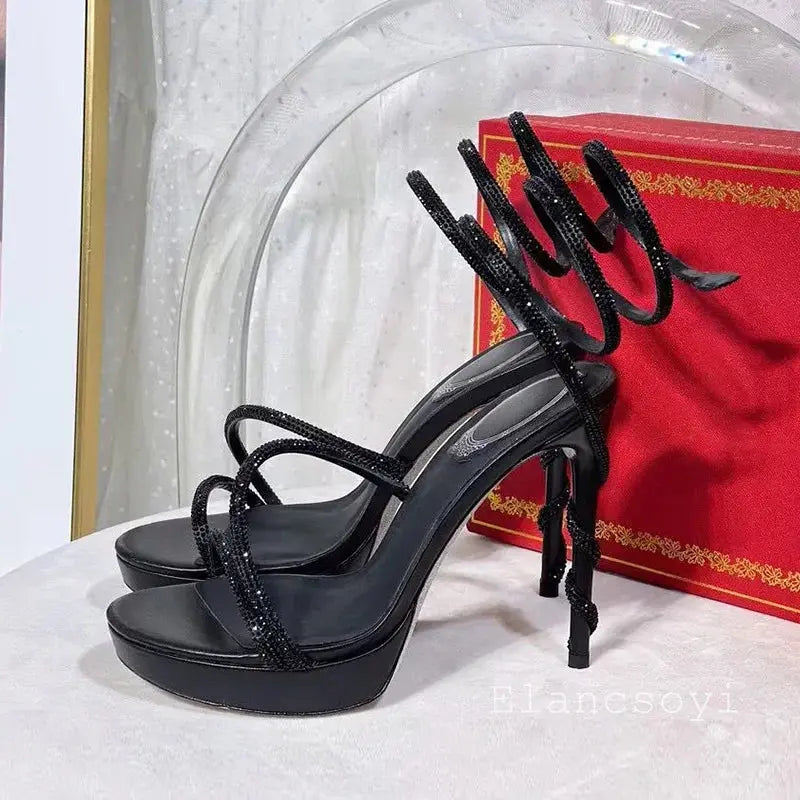 Group shot of crystal-studded stiletto heels in various angles.
