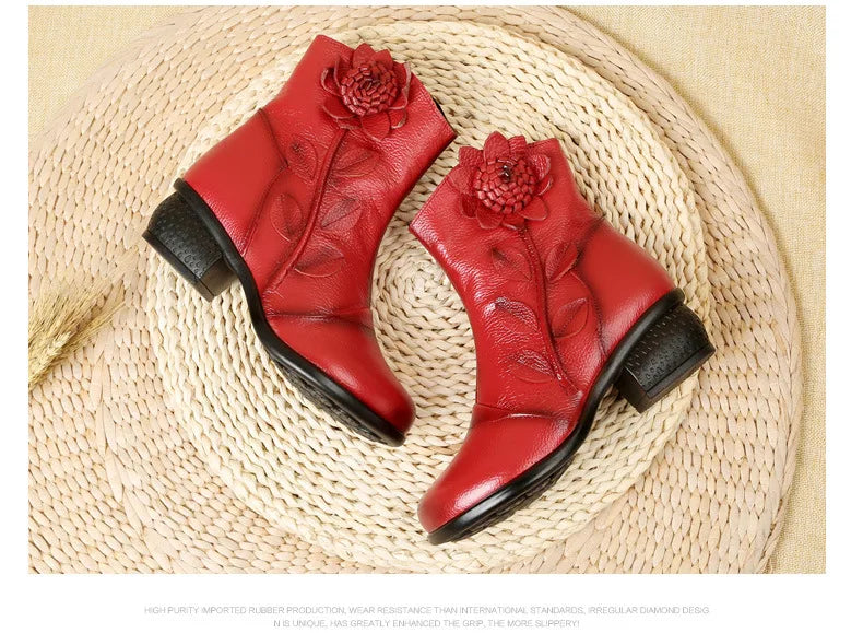 Mid-calf boots featuring delicate floral pattern, side zip, and weatherproof protection
