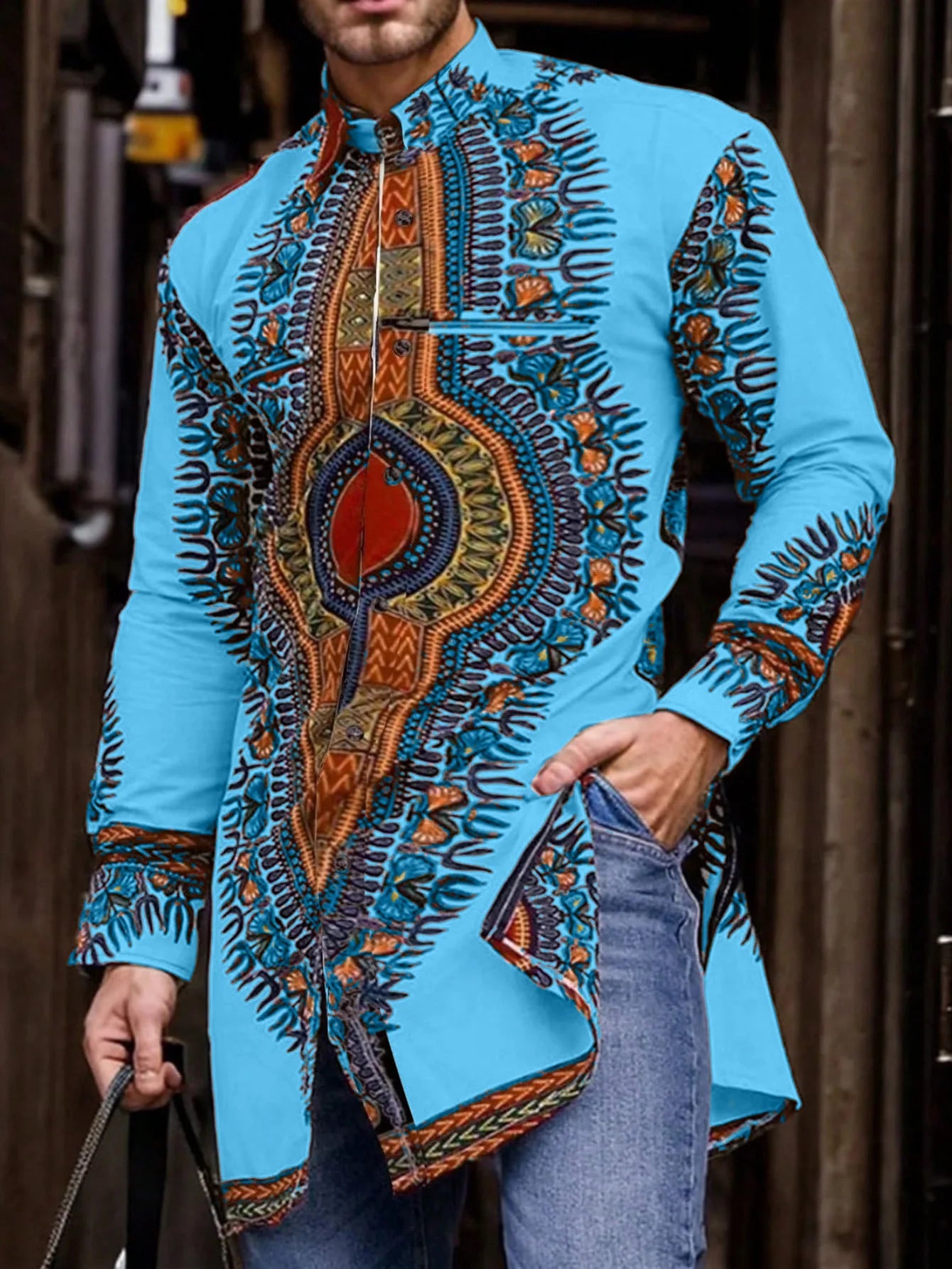 African Men's Ethnic Print Long Sleeve Traditional Shirt