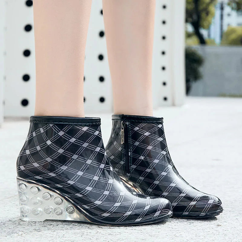 Chic black rain boots with a stylish wedge heel and anti-slip PVC sole.