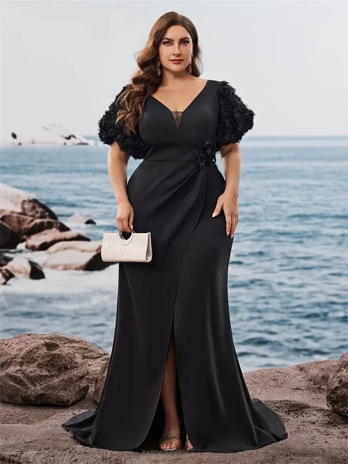 Midnight Cascade dress in luxurious satin, showcasing a mermaid silhouette and elegant side slit.