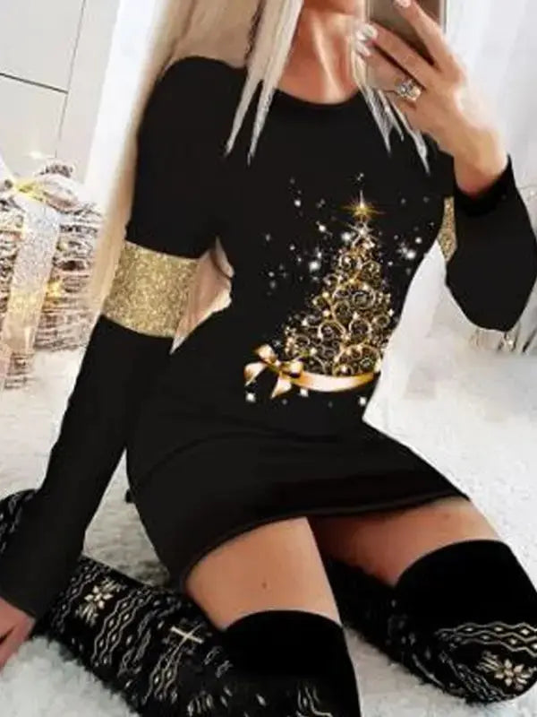 Model wearing Winter Whimsy Mini Dress at a holiday party, radiating festive charm.