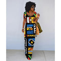 African Ethnic Print Retro Slim Short-Sleeve Long Dress