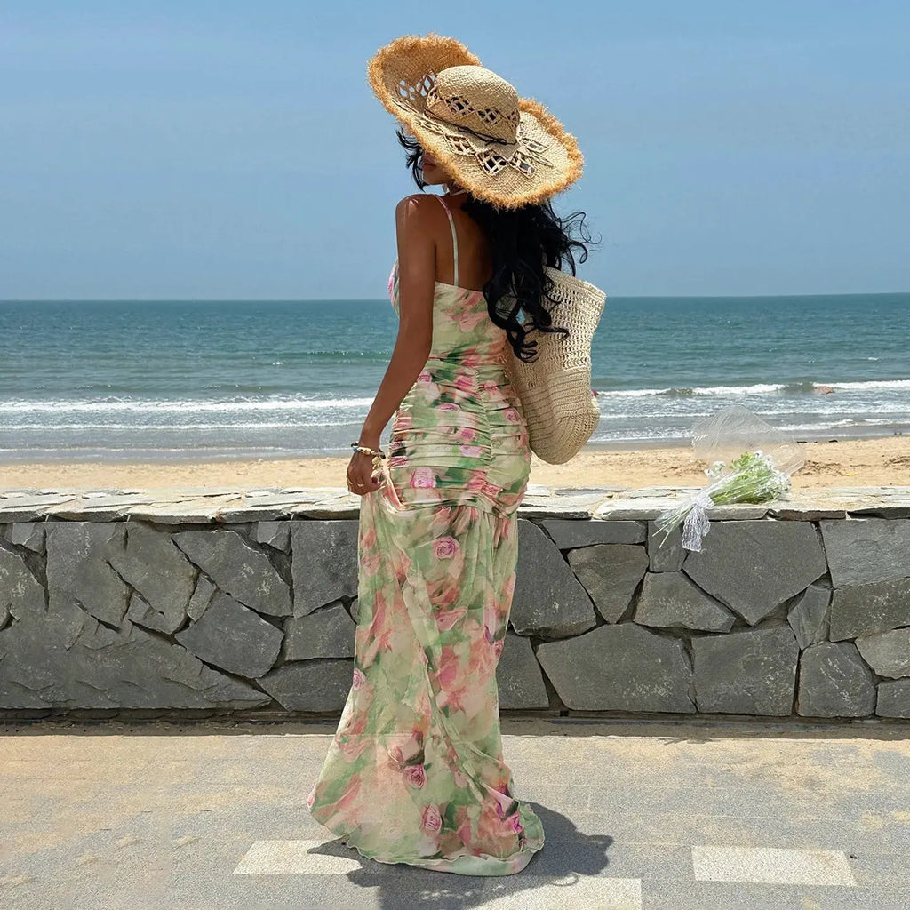 A-line silhouette of the Sunset Soirée Mesh Dress flowing gracefully, showcasing its ankle-length style.