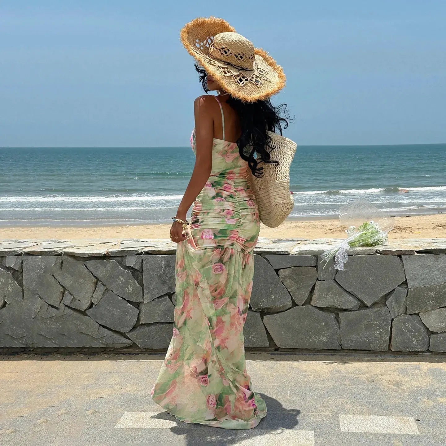 A-line silhouette of the Sunset Soirée Mesh Dress flowing gracefully, showcasing its ankle-length style.