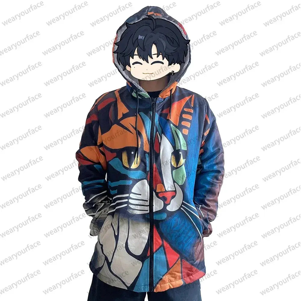 Woman wearing cozy tribal pattern cardigan with hood and deep pockets for winter warmth