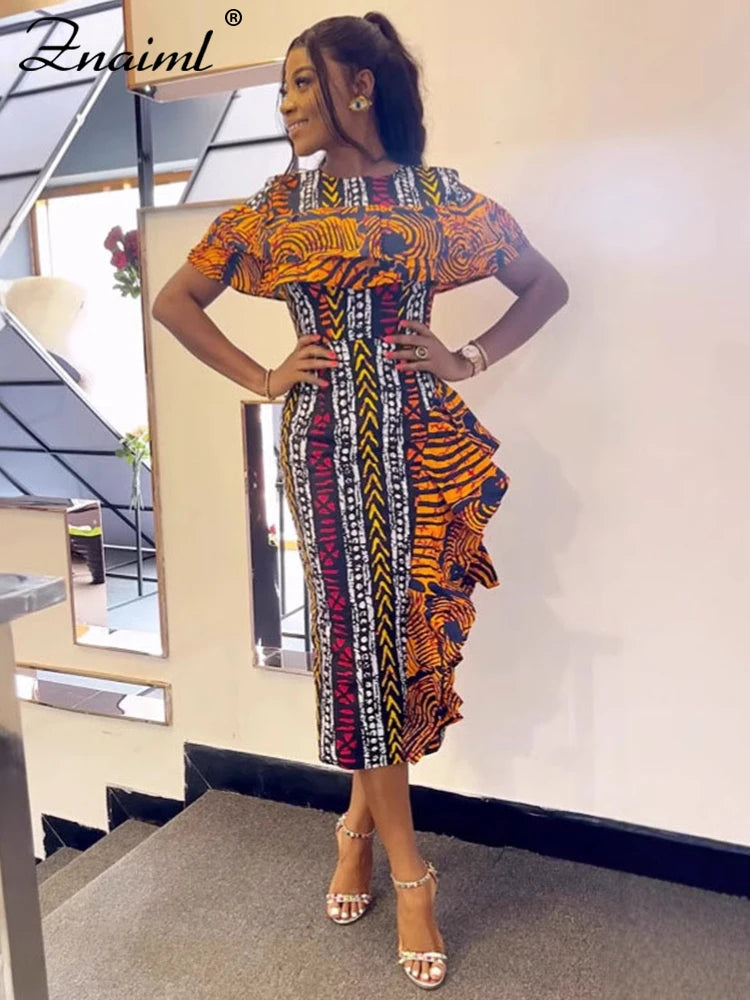 African Festival Print Ruffles Bodycon Midi Dress