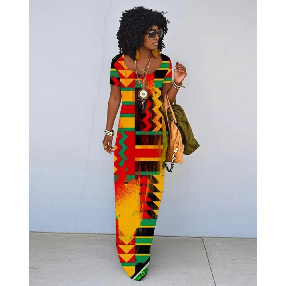 African Ethnic Print Retro Slim Short-Sleeve Long Dress