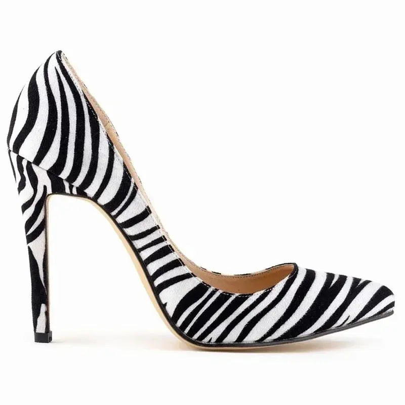 Zebra Elegance Heels in bold zebra print with a sleek pointy toe design.