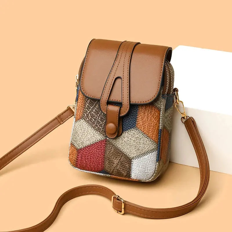 Plaid retro crossbody purse with sequined pattern and adjustable strap displayed against white background