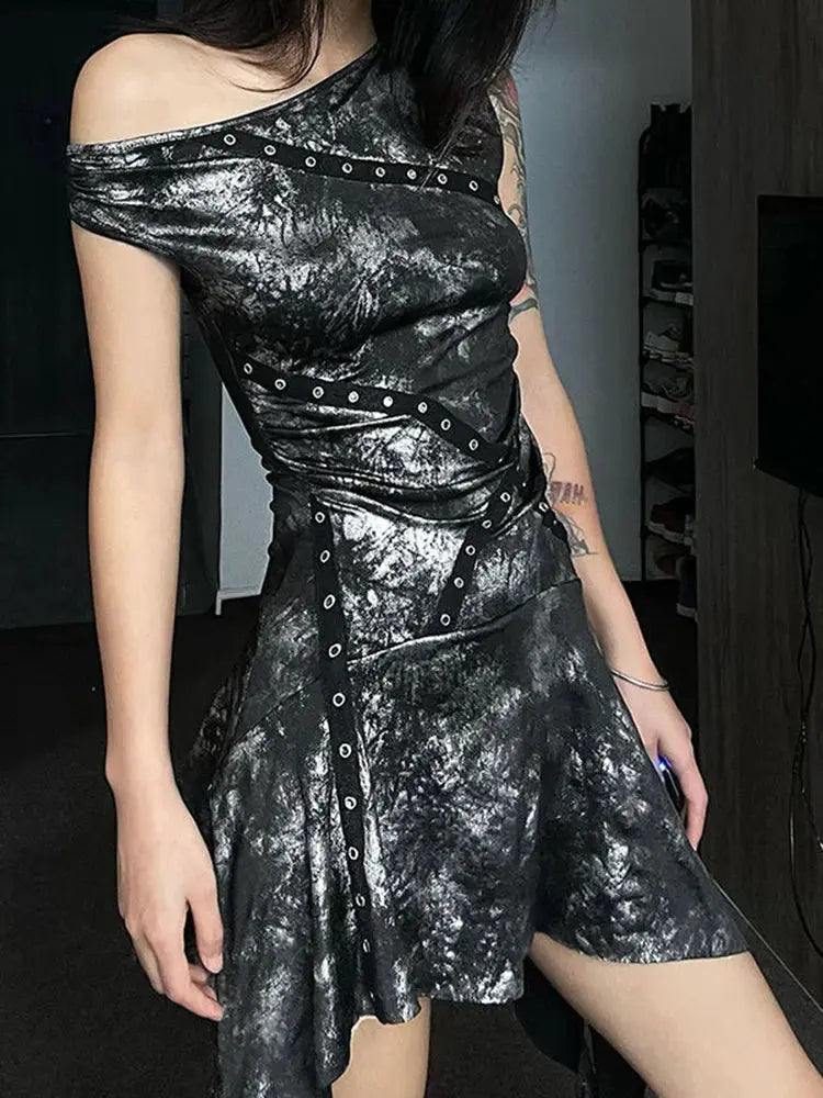 Back view of the sleeveless Midnight Shimmer dress, emphasizing its unique asymmetry.