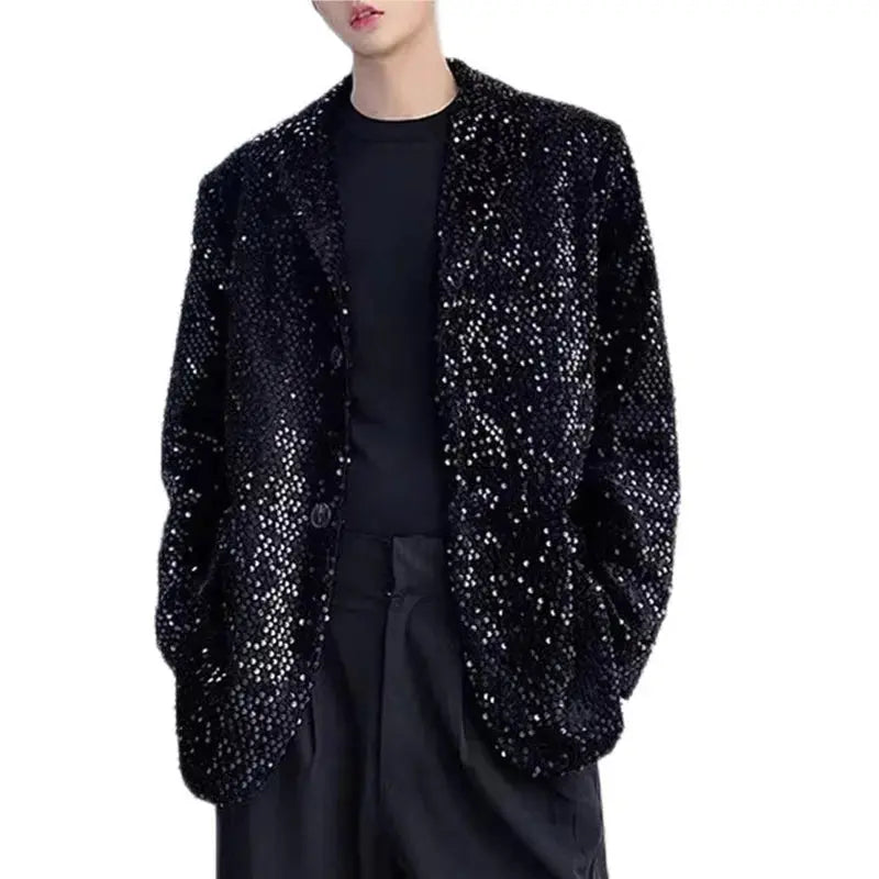 Men's flashy blazer in shimmering sequins, perfect for commanding attention at any event.
