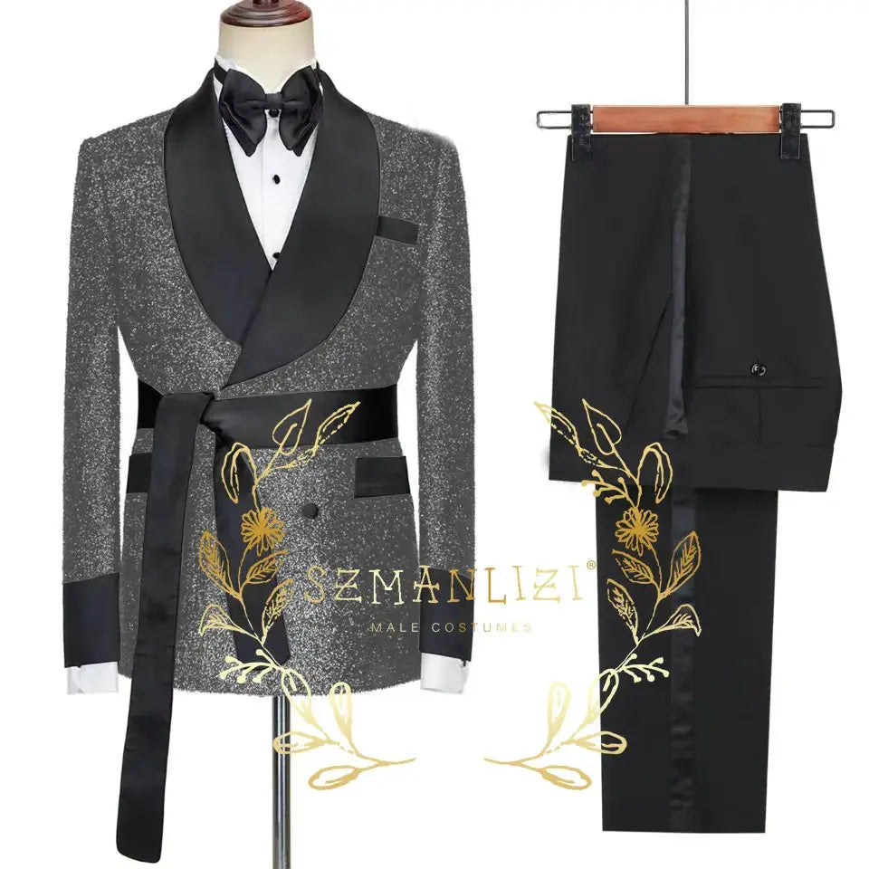 Black tuxedo ensemble paired with a classic white dress shirt.