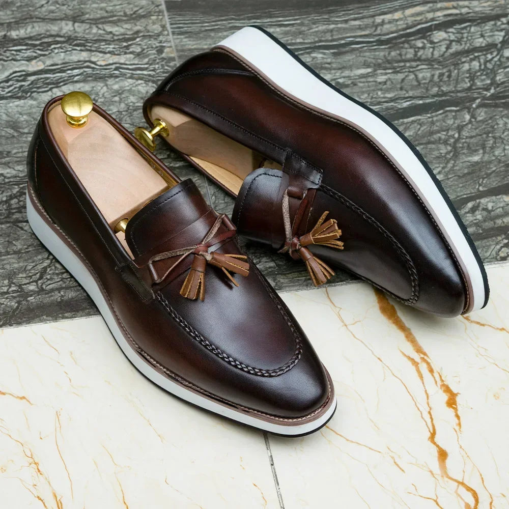 Handcrafted black calfskin tassel loafers with slip-on design for men's office and casual wear