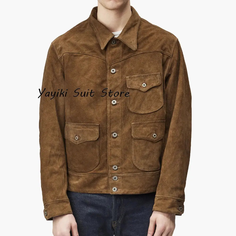 Autumn Whisper suede jacket in rich brown, showcasing its elegant single-breasted design.