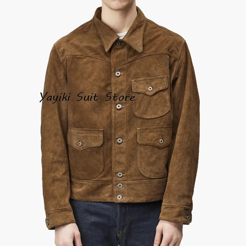 Autumn Whisper suede jacket in rich brown, showcasing its elegant single-breasted design.