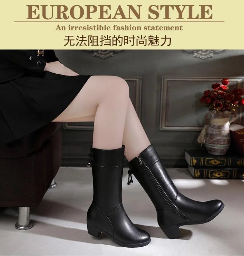Premium leather mid-calf boots with warm lining and versatile brown finish