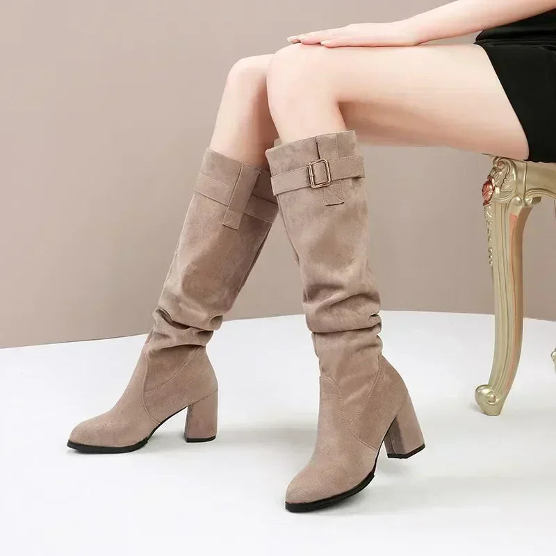 Classic waterproof suede boots with medium square heel perfect for fall and spring weather