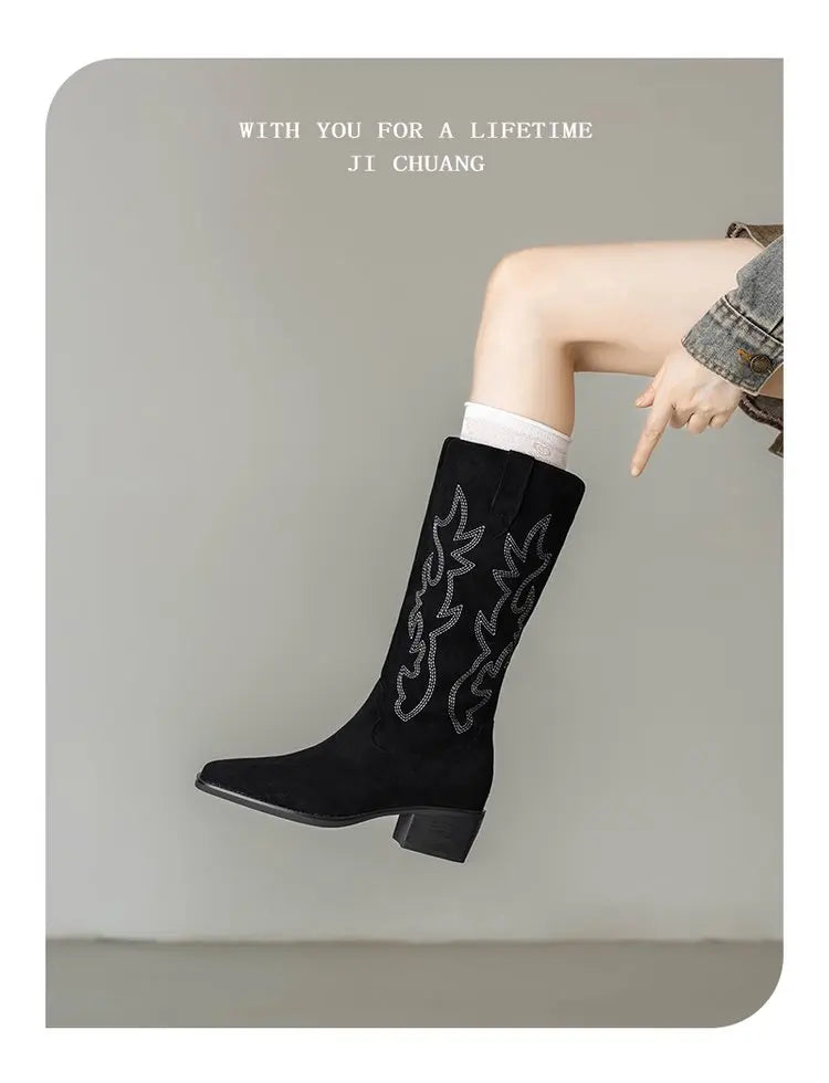 Pair of knee-high Western boots with plush lining and rubber outsole