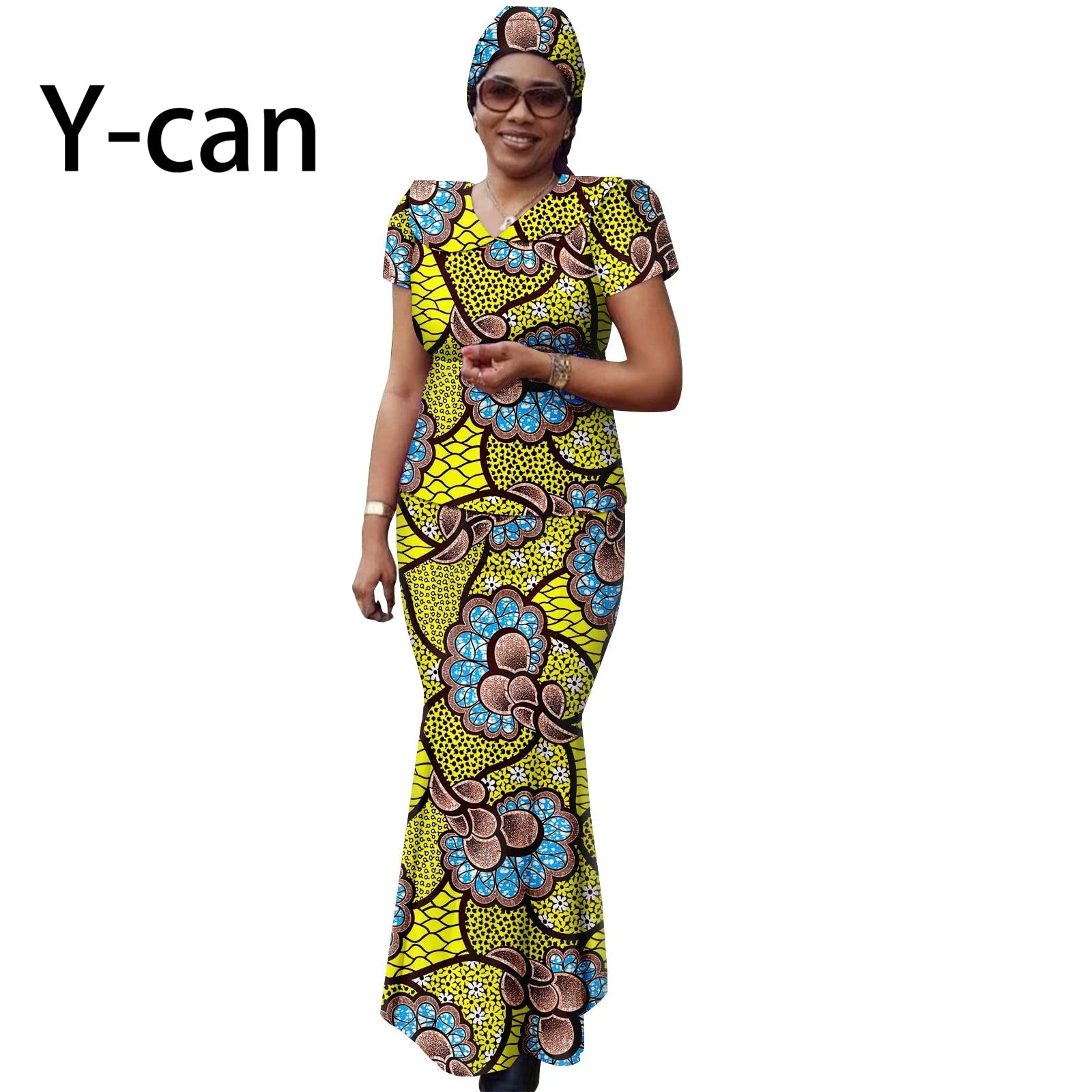 African Women Ankara Print Doll Collar Top, Skirt & Headscarf 3-Piece Set