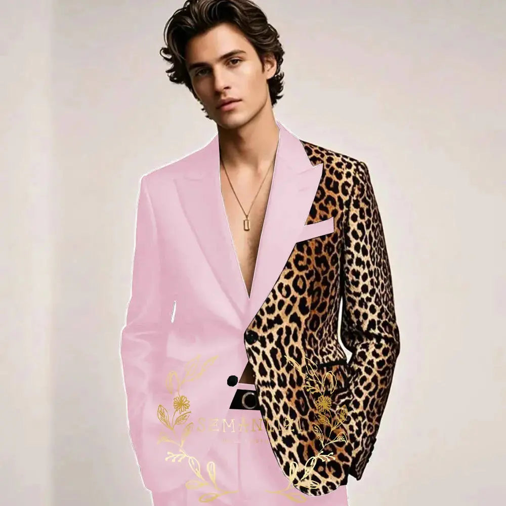 Bold formal wear tuxedo combining classic black with leopard print lapels