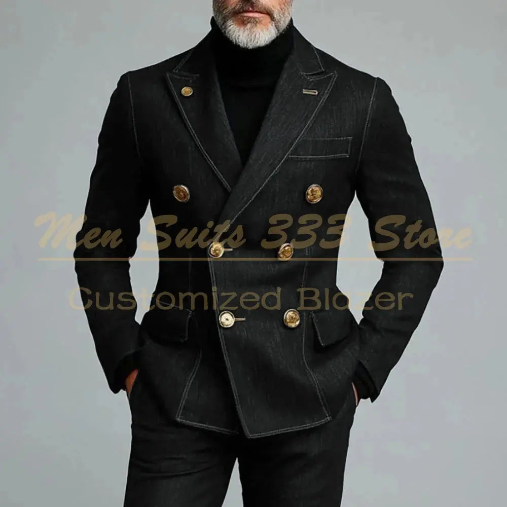 Custom fit options displayed, showcasing the versatility of the Peak Lapel Denim Suit.