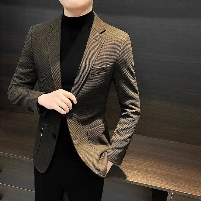 Men's tailored blazer styled with a crisp white shirt, perfect for office to evening transitions.