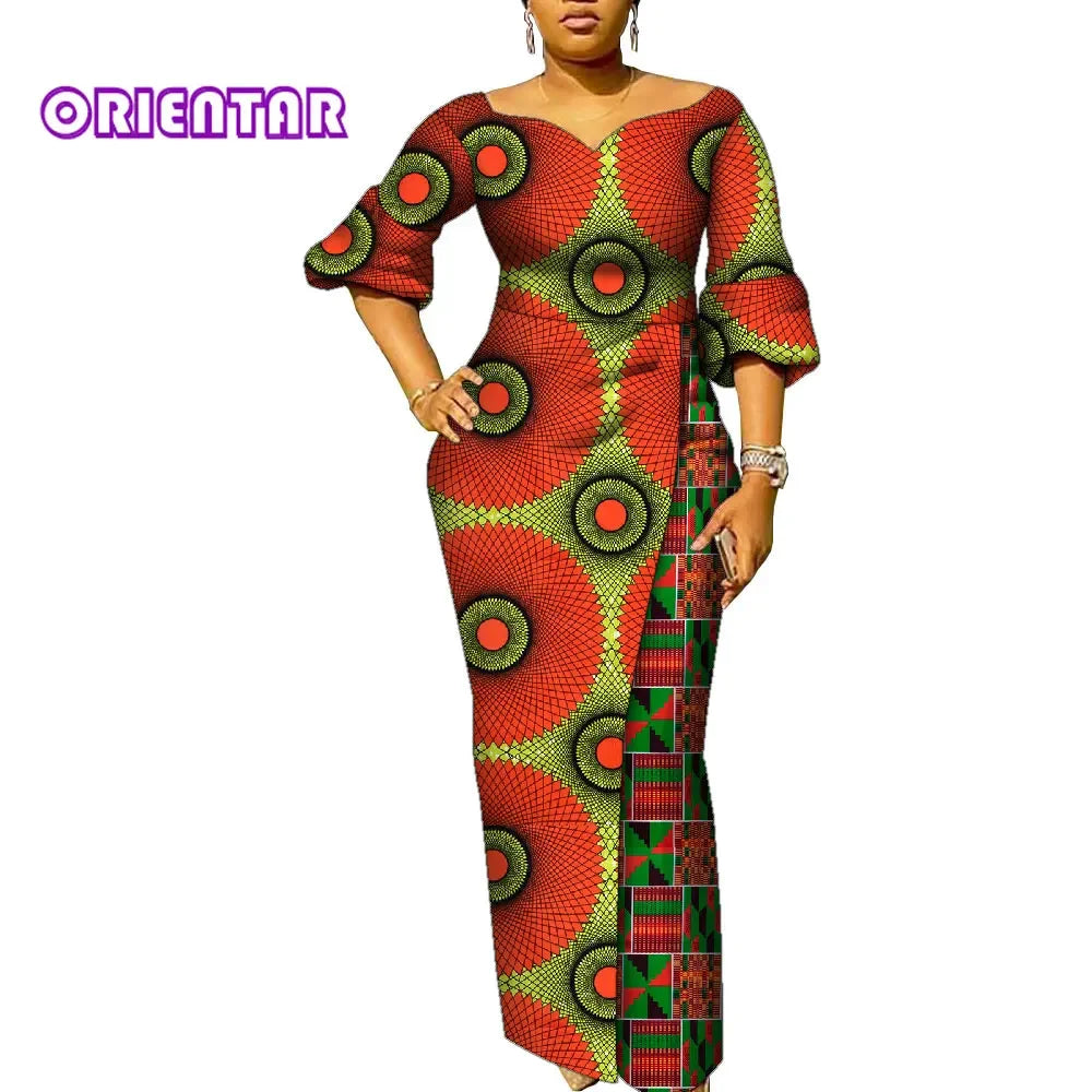 African Dresses for Women Patchwork Ankara Dress Lantern Sleeves Maxi Dress Women Party Dress Lady African Clothes WY9937