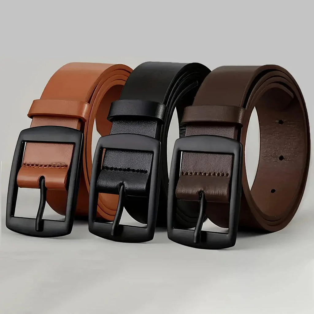Sleek unisex leather belt in polished black PU leather with a sturdy metal buckle.