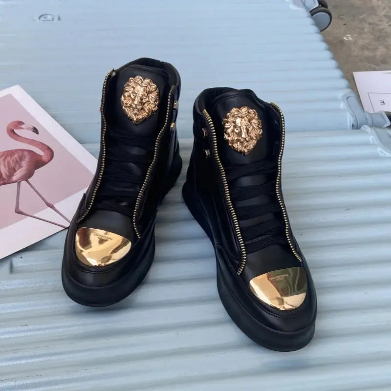 Black high-top sneakers with breathable mesh lining and rubber outsoles.