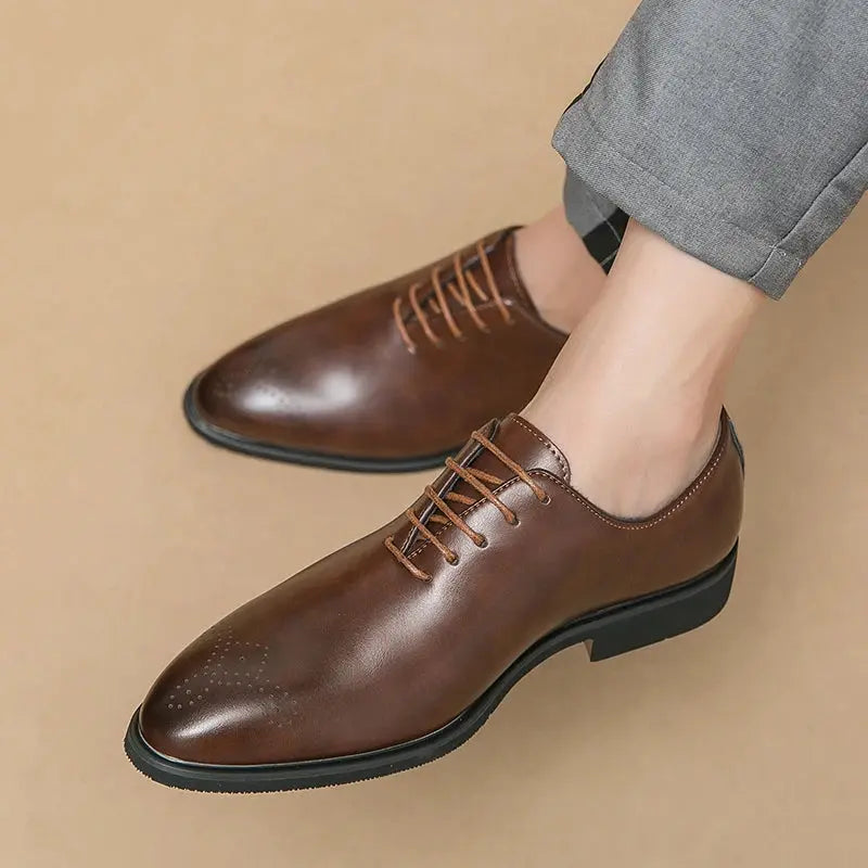 Top-down view of true-to-size fit men's leather dress shoes.
