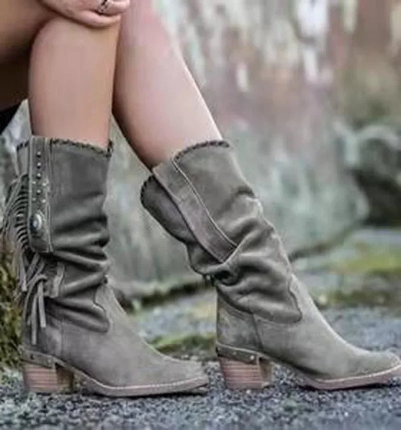 Faux suede tassel boots styled with leggings for effortless fall outfit