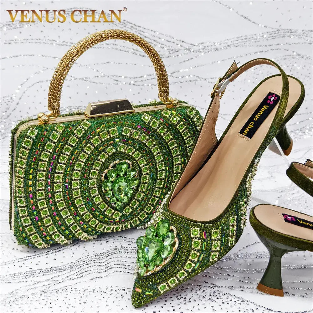 Green heels with rhinestone embellishments for a glamorous look.
