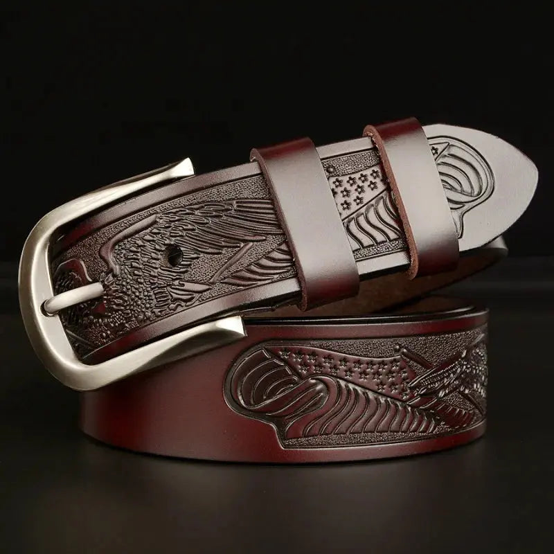 Detail shot of the two-layer top-grain cowhide on the leather belt.