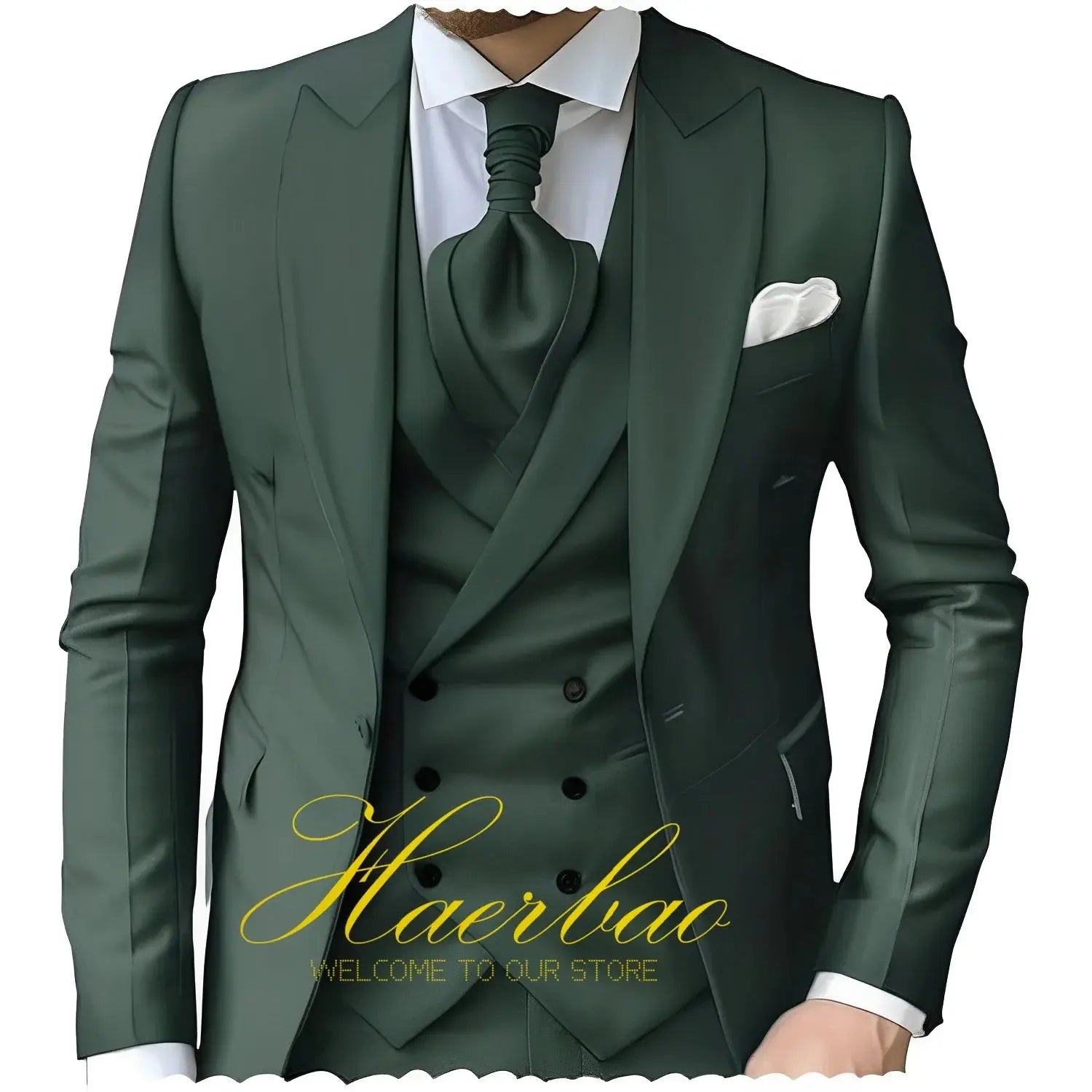 Close-up of the tailored fit of the navy three-piece suit, showcasing craftsmanship.